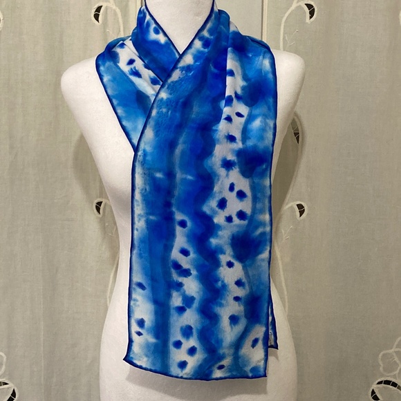 Hand Colored in California, 100% Silk Scarf, Vibrant Blues and White - Picture 1 of 9